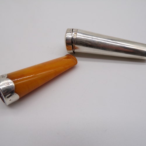 Antique Sterling Silver Cheroot Holder Case and Amber and Silver Cheroot shops Holder, Birmingham