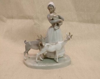 Lladro Girl with Goats, 10" Tall, early Lladro