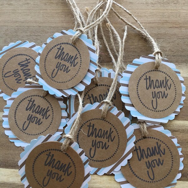 Set of 10 blue and Brown Striped Thank You Tags with pre-strung twine handmade and hand stamped favor tags treat bag tags baby shower boy
