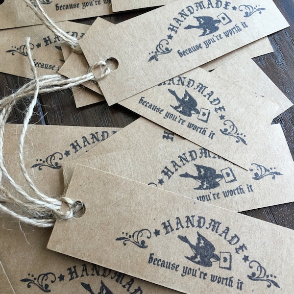 Set of 12 Handmade Because You Are Worth It Gift Tags pre-strung with Jute Twine Hand Stamped on Brown Kraft Card stock garment tags