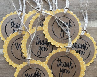 Set of 10 Yellow polka dot Thank You Tags with pre-strung twine handmade and hand stamped mommy to bee favor tags treat bag tags baby shower