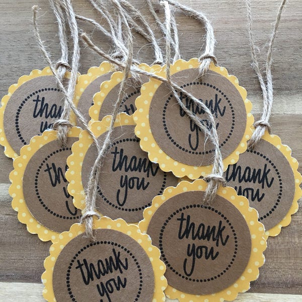 Set of 10 Yellow polka dot Thank You Tags with pre-strung twine handmade and hand stamped mommy to bee favor tags treat bag tags baby shower