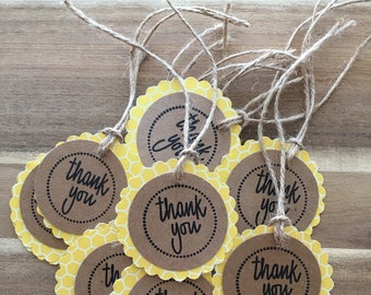 Set of 10 Yellow Honeycomb Thank You Tags with pre-strung twine handmade and hand stamped mommy to bee favor tags treat bag tags baby shower