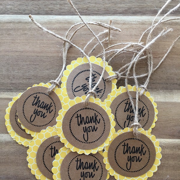 Set of 10 Yellow Honeycomb Thank You Tags with pre-strung twine handmade and hand stamped mommy to bee favor tags treat bag tags baby shower