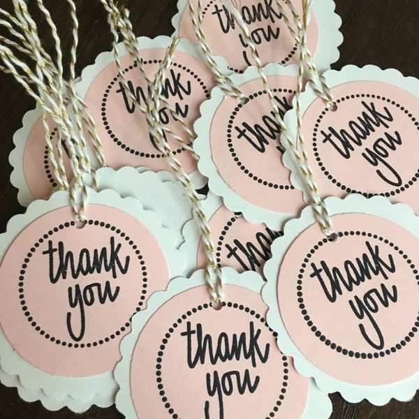 Set of 10 Pink Girl Thank You Tags with pre-strung twine handmade and hand stamped pink and white favor tags treat bag tags