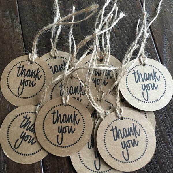 Set of 12 Thank You Tags with pre-strung jute cording brown Kraft and black ink handmade and hand stamped favor tags treat bag tags