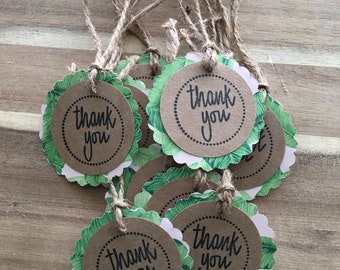 Set of 10 Palm Tropical Thank You Tags with pre-strung twine handmade favor tags treat bag tags baby shower pool party palm tree Pink green