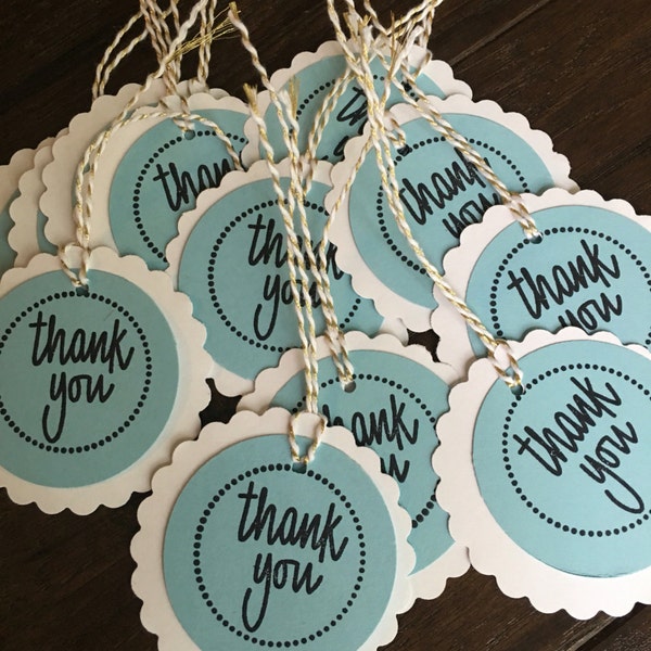 Set of 10 Blue Boy Thank You Tags with pre-strung twine baby shower gender reveal blue and white favor tags treat bag tags