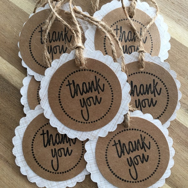 Set of 10 Neutral Linen Thank You Tags with pre-strung twine handmade and hand stamped favor tags treat bag tags baby shower christmas