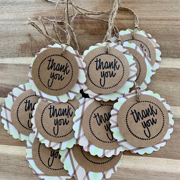 Set of 10 Green and Brown Striped Thank You Tags with pre-strung twine handmade and hand stamped favor tags treat bag tags baby shower boy