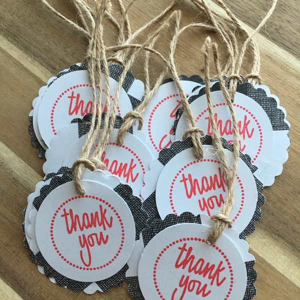 Set of 10 Buffalo Plaid Thank You Tags with pre-strung twine handmade and hand stamped favor tags treat bag tags baby shower winter outdoor