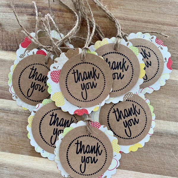 Set of 10 Apple Thank You Tags with pre-strung twine handmade favor tags treat bag tags Teacher Fall Birthday Rustic