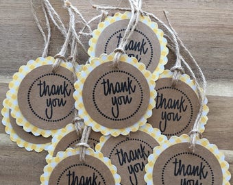 Set of 10 Yellow Checked Thank You Tags with pre-strung twine handmade and hand stamped mommy to bee favor tags treat bag tags baby shower