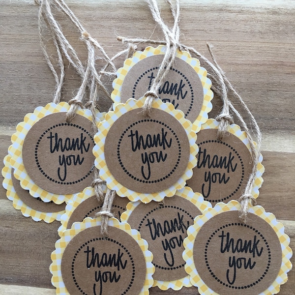 Set of 10 Yellow Checked Thank You Tags with pre-strung twine handmade and hand stamped mommy to bee favor tags treat bag tags baby shower