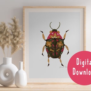Watercolor Folk Beetle Print, Gallery Wall art, Bohemian Printable Art, Insect Flower Art, Pink Green Folkstyle Home Decor Art, Boho Chic