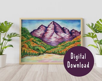 Maroon Bells, Colorado Landscape, Watercolor painting, Nature Print, Landscape Art, Home Decor, Wall Art, Living Room Decor, Mountain Peak