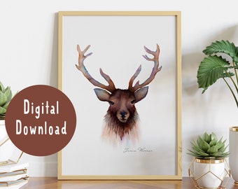 Watercolor Elk Painting. Direct Download Art. Mountain Watercolor. Wildlife Art. Antlers paintings.