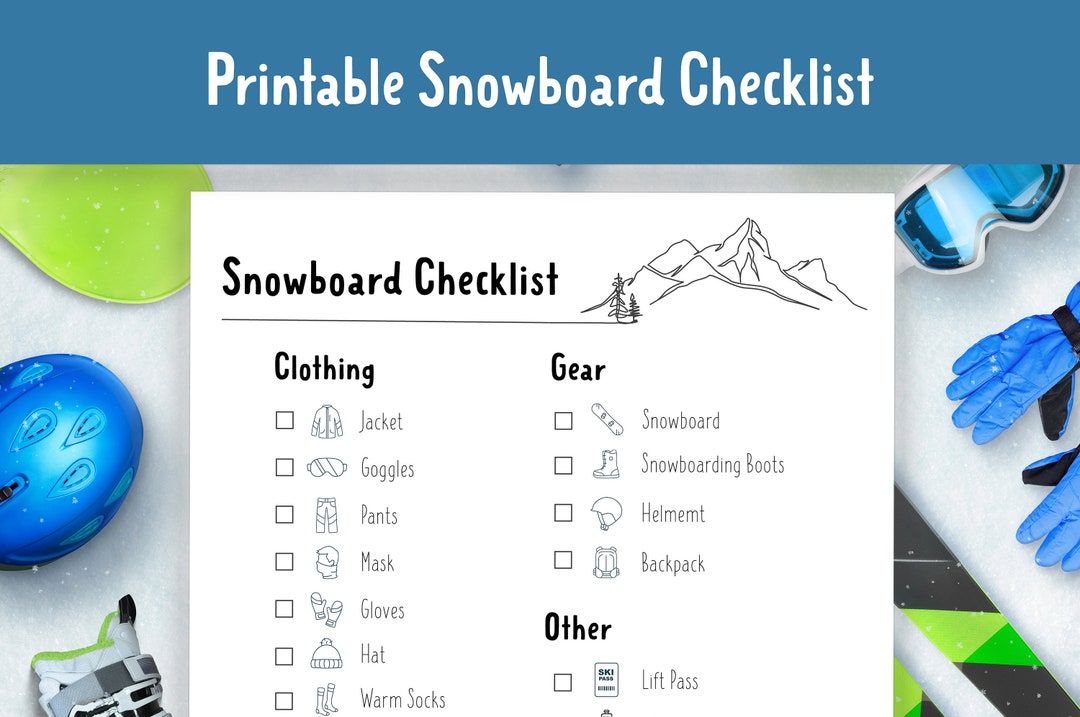 Printable Snowboard Checklist. Snowboard Planner. Direct Download