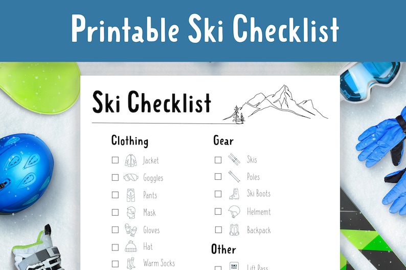 Printable Ski Checklist. Ski Planner. Direct Download Checklist. Ski Trip Planner. Etsy