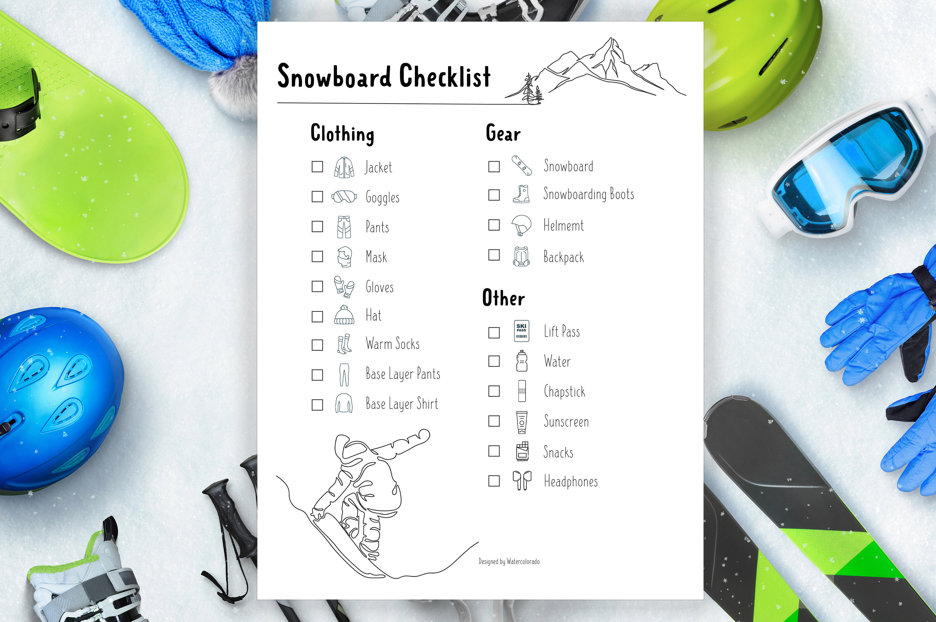 Printable Ski AND Snowboarding Checklist. Ski Planner. Snowboard