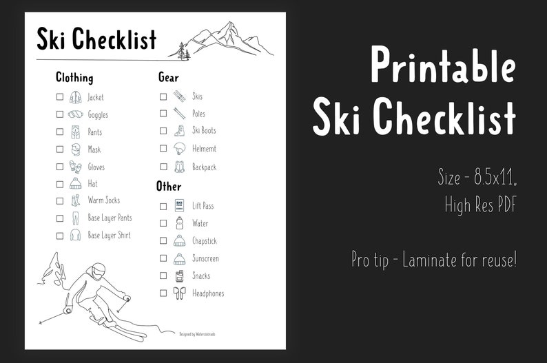 Printable Ski Checklist. Ski Planner. Direct Download Etsy