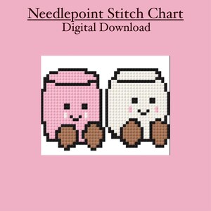 Op de afbeelding: Digitale download van een kruissteekdiagram. De kaart toont twee gepixelde, lachende karakters. Eén is roze met bruine voeten en de andere is wit met bruine voeten. De tekst "Needlepoint Stitch Chart Digital Download" staat bovenaan.