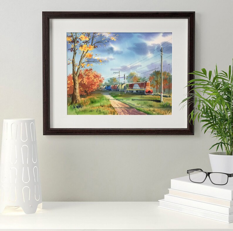 The railroad in autumn Original Watercolor Painting Russia Landscape Peterhof