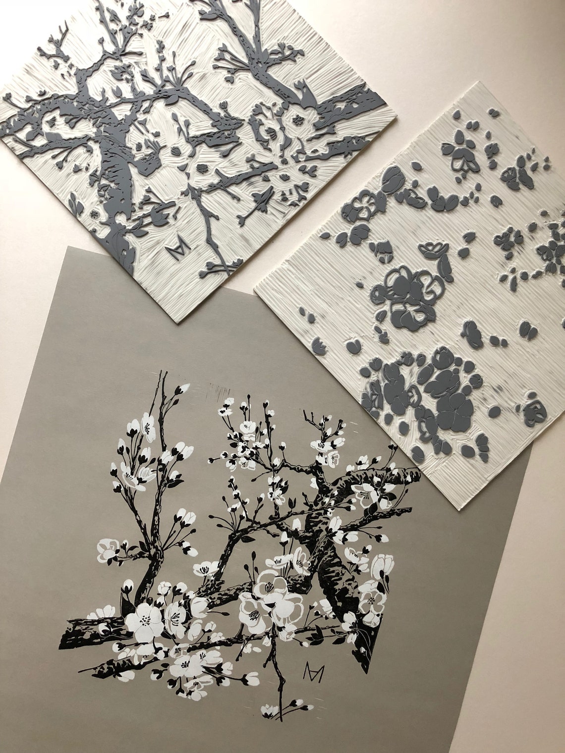 Cherry blossom multiblock linocut print white flowers Etsy