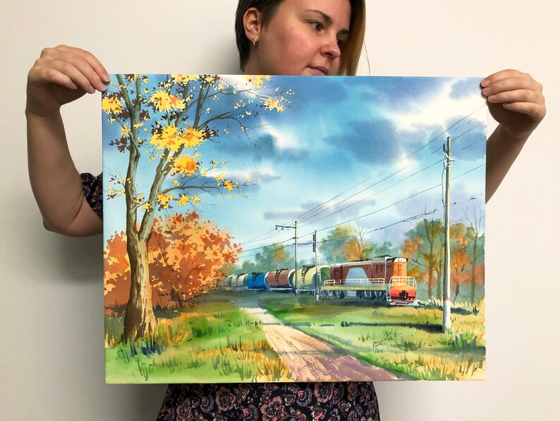The railroad in autumn Original Watercolor Painting Russia Landscape Peterhof