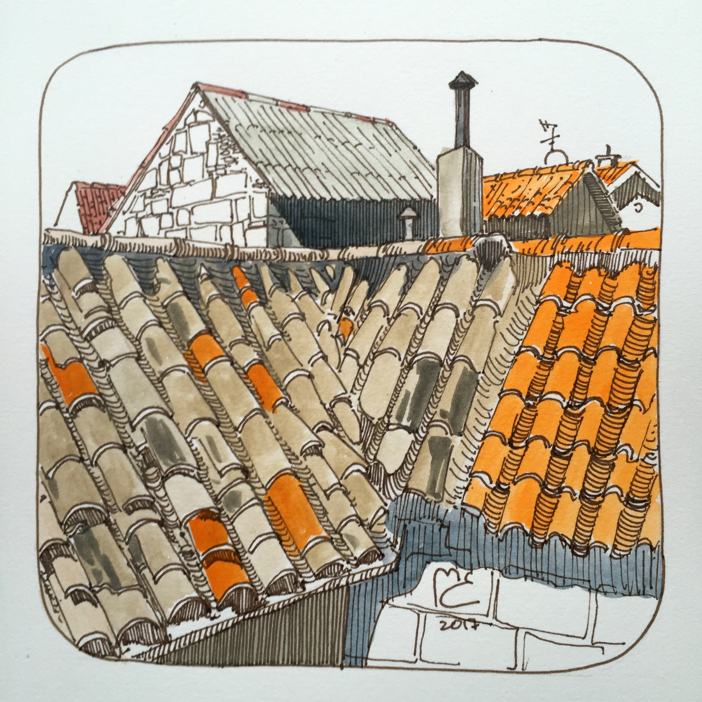 Original marker drawing Urban sketch The tile roof Split Etsy