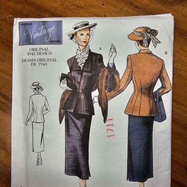 Vintage 1999 Vogue Vintage Model #2339 Pattern. Original 1948 Design. Misses' Jacket & Skirt. Uncut, factory folded. Size 12-14-16