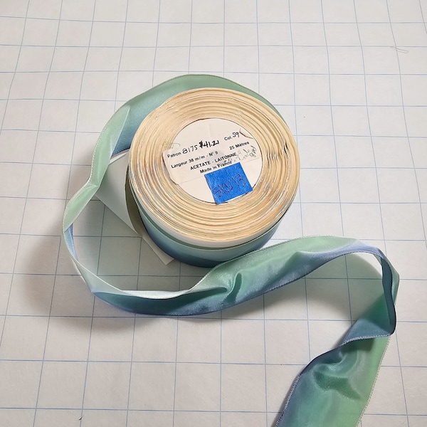 1 yard  1.5" Teal Seafoam Green Ombre Acetate Wired French Ribbon for Trim, Millinery, Hats, Ribbon Roses and Flowers, Ribbonwork, Cocarde