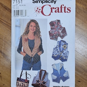 May include: Simplicity Crafts sewing pattern 7151. The pattern features designs for vests and a tote bag. The cover shows a woman wearing a vest. The pattern includes sizes P 12, 14, and 16.