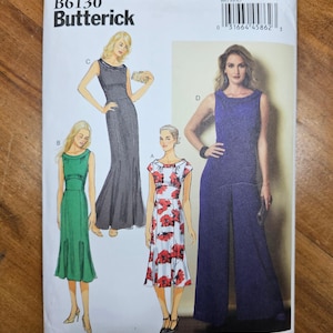 May include: Butterick sewing pattern B6130 featuring illustrations of various dresses and a jumpsuit. The pattern includes a mermaid-style gown, a green dress, a floral print dress, and a purple jumpsuit. The pattern is designed and printed in the USA.