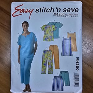 May include: A sewing pattern titled "Easy stitch 'n save" by McCall's, M4350. The pattern features illustrations of various scrubs and pants in different colors and patterns. The size range is 14-16-18-20.