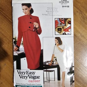 May include: A vintage Very Easy Very Vogue career sewing pattern. The pattern features a red dress with a matching jacket. The pattern size is 6-8-10. The cover includes the text "Very Easy / Très Facile".