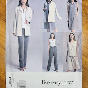 May include: A sewing pattern titled "Five Easy Pieces" featuring illustrations of women's clothing. The pattern includes a jacket, dress, top, and pants in various styles. The color palette is neutral, with shades of gray and white.