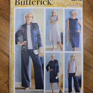 May include: A Butterick sewing pattern, B6796, showcasing various outfits. The cover depicts a woman in a blue sequined jacket, trousers, and a white top. Other outfits include a dress and a skirt suit. Size F5 (16-18-20-22-24).