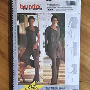 May include: A Burda International sewing pattern packet featuring a woman in a gray outfit. The packet includes the number 2968, size options, and text in multiple languages. The packet also includes illustrations of the outfit.