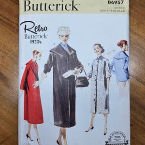 May include: A vintage Butterick sewing pattern from the 1950s, featuring illustrations of women's coats and dresses. The pattern number is B6957, with sizes U5 (16-18-20-22-24). The cover displays the Butterick and Retro Butterick 1950s logos.