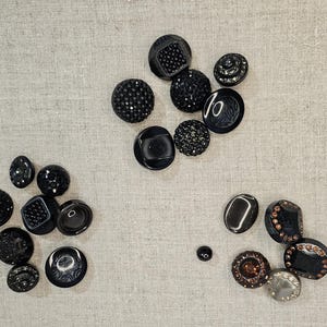 Fun 50's style jacket or coat button lots. Two black, one brown. Each lot has sparkle and no repeats.