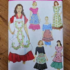 Vintage style aprons patterns by Simplicity Retro 8827 Uncut & Factory Folded. Six apron styles, each in S-M-L