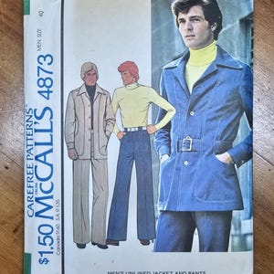 May include: Vintage McCall's pattern for men's unlined jacket and pants, size 40. The cover features illustrations of the jacket and pants in various colors. The pattern includes the text "CAREFREE PATTERNS" and "MEN'S UNLINED JACKET AND PANTS".
