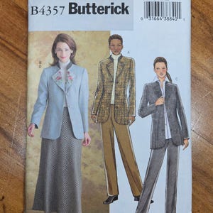 May include: A vintage Butterick sewing pattern, B4357, featuring illustrations of women's suits and jackets. The pattern includes a light blue jacket with floral embroidery, a tweed jacket, and a gray suit. The pattern size is 6-8-10-12.