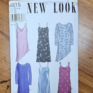 May include: A sewing pattern titled "NEW LOOK" with the number 6815. The pattern features illustrations of six different dresses, including slip dresses and long-sleeved dresses. The size range is A 6-16.
