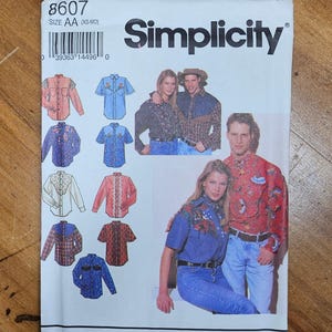 Simplicity 8607 Sewing Pattern His and Hers Shirt Western Style Shirt. Matching unisex pattern Uncut, factory folded, AA (XS-MD)