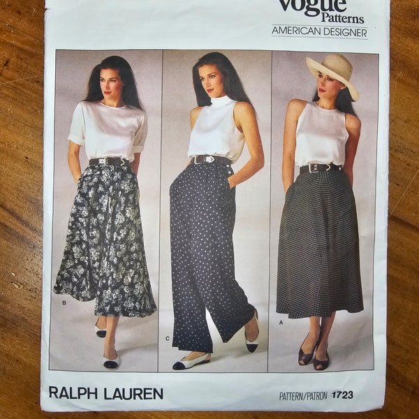 Vintage 1986 Ralph Lauren by Vogue Patterns #1723 Pattern. Misses' Skirt & Pants. Uncut, factory folded. Size 12