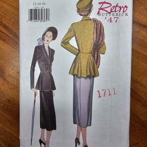 May include: Vintage sewing pattern for a dress and jacket. The pattern is from Butterick, Retro '47, and is size 12-14-16. The pattern features two women wearing the dress and jacket. The dress is a black skirt with a white blouse and the jacket is a green jacket with a brown fur collar. The pattern is on a white background with black text.