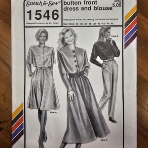 May include: A vintage sewing pattern for a button-front dress and blouse, featuring illustrations of three different styles. The pattern, labeled "1546," includes bust sizes from 30 to 46 inches. The cover has the text "Stretch & Sew" and "button front dress and blouse."