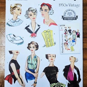 May include: Simplicity sewing pattern for a vintage 1950s style dress. The pattern includes instructions and cutting layouts for a one-size dress. The pattern is labeled "S9817" and "2779".